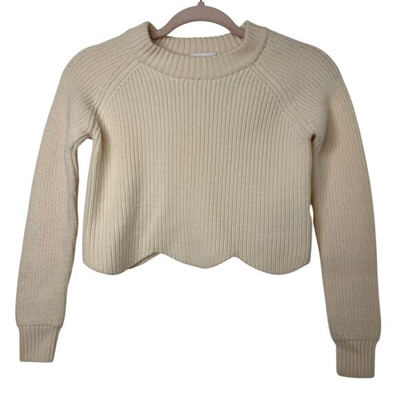 XXS Aritzia Wilfred Sardou Sweater Cream 100% Merino Wool Scalloped Hem Knit - Picture 1 of 6